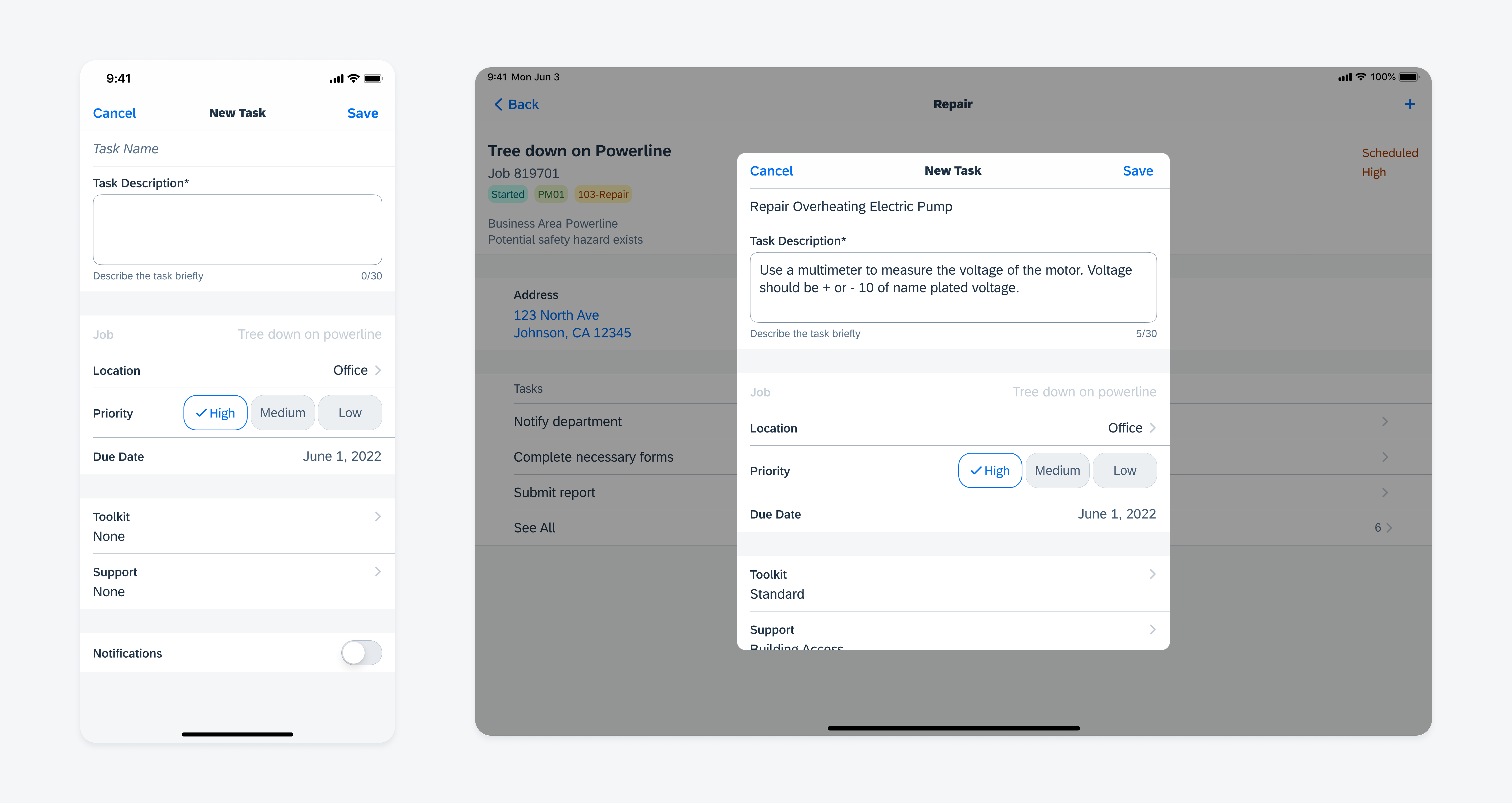 Create and edit form in compact width (left) and regular width (right)