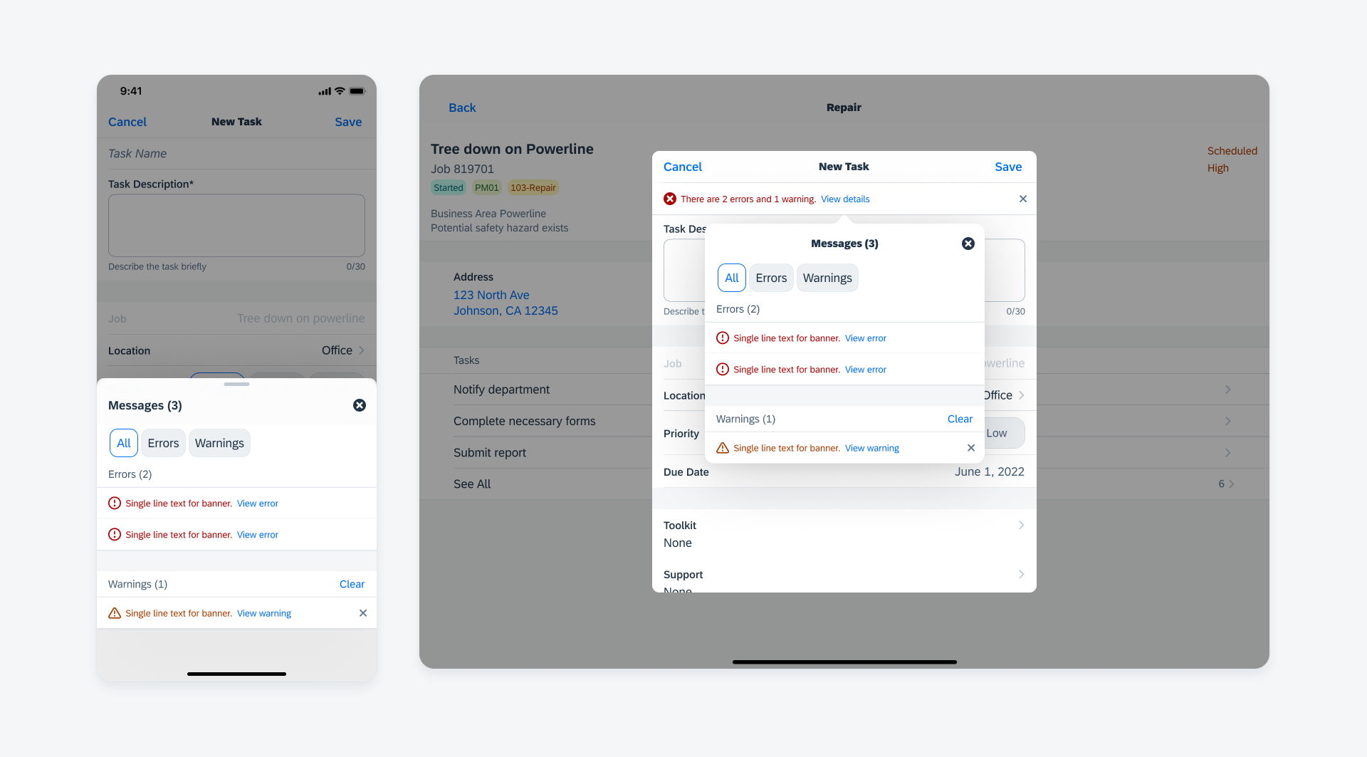 Multi-message handling detail view on compact screen (left) and regular screen (right) 