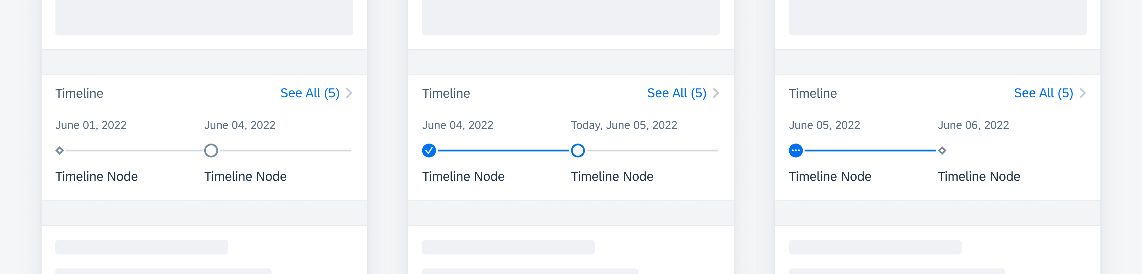 From left to right: a future start node and future open event, a completed past event and current open event, an in-progress past event and future end node