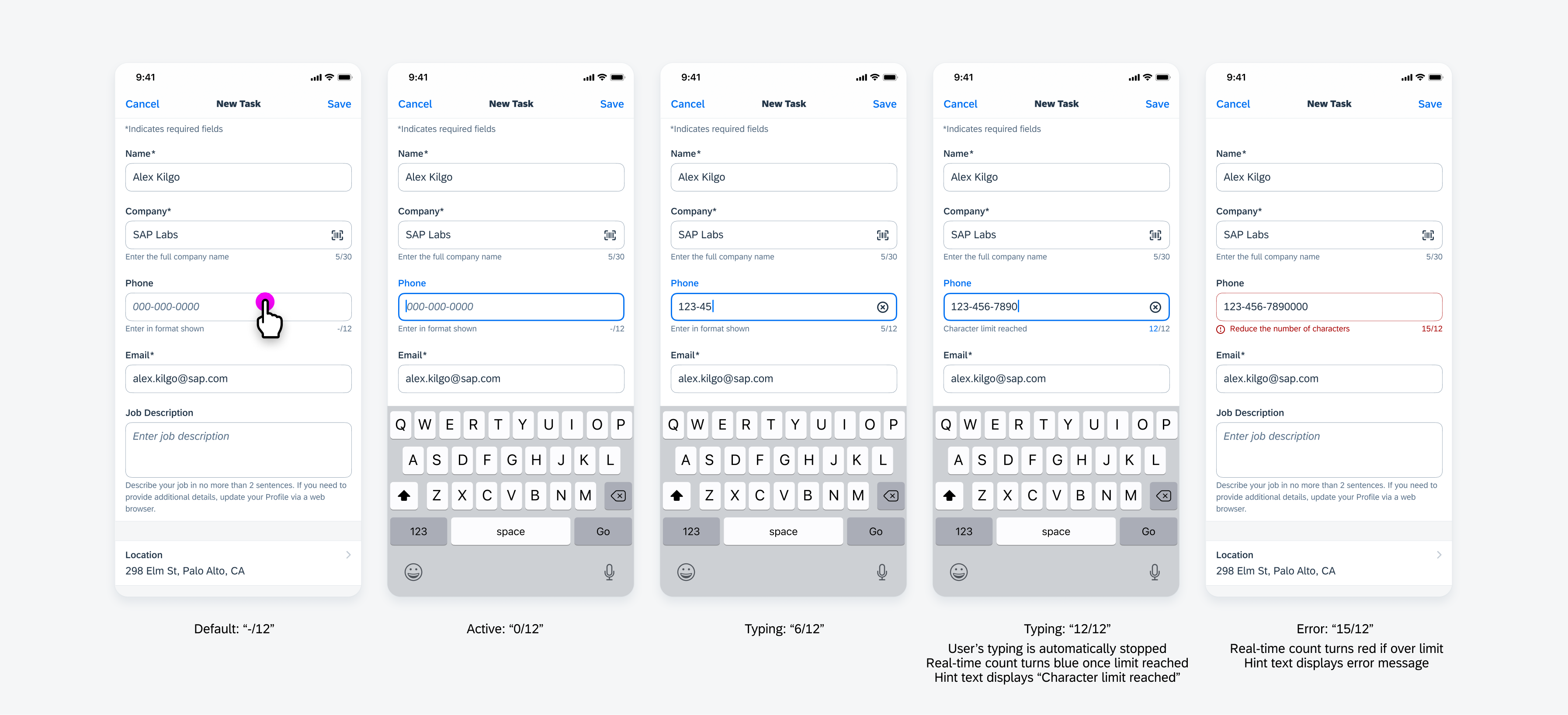 Character counter flow example: user input is allowed over limit and becomes an error