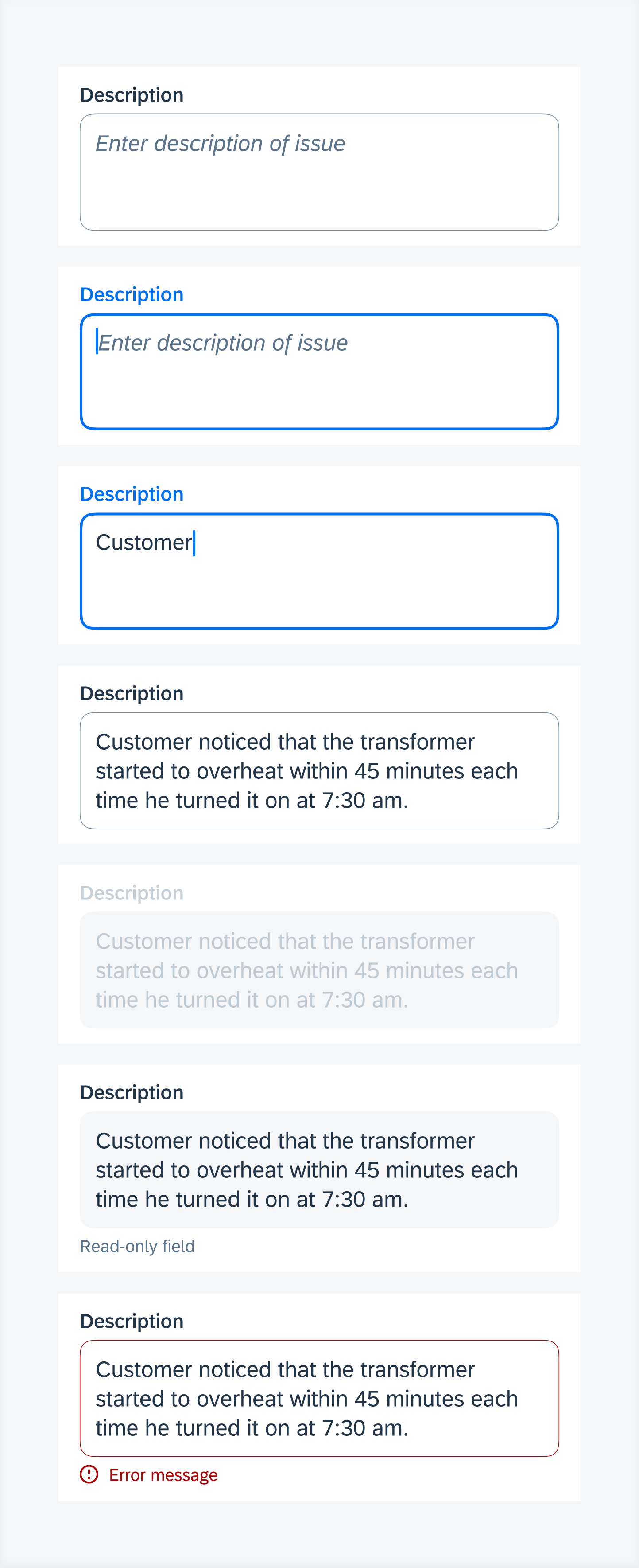 Key value form cell states (top to bottom) – default, active, typing, typed, disabled, read-only, error