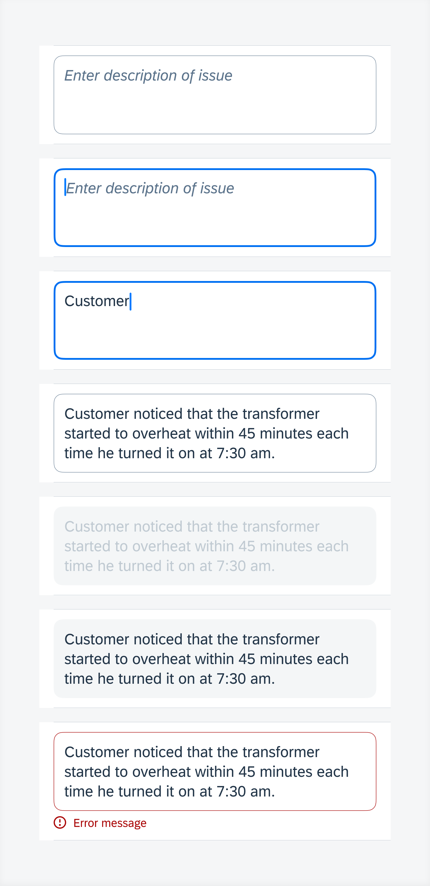 Note form cell states (top to bottom) – default, active, typing, typed, disabled, read-only, error