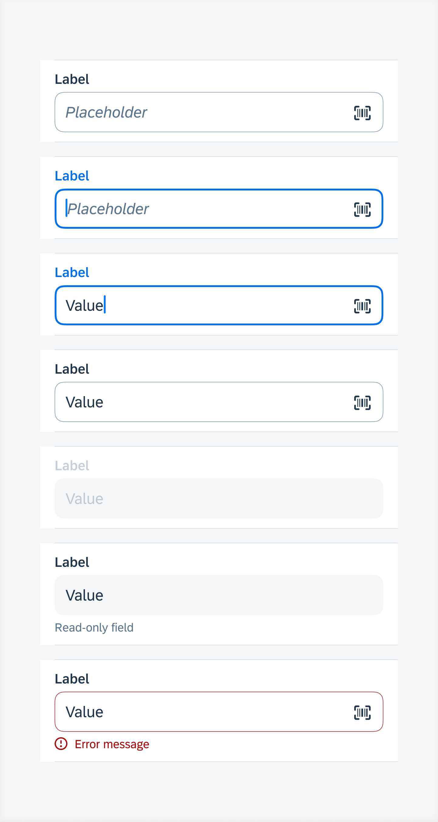 Text field form cell states (top to bottom) – default, active, typing, typed, disabled, read-only, error