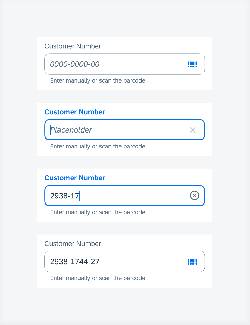 Text Input Form Cells in default, active, typing, and filled states