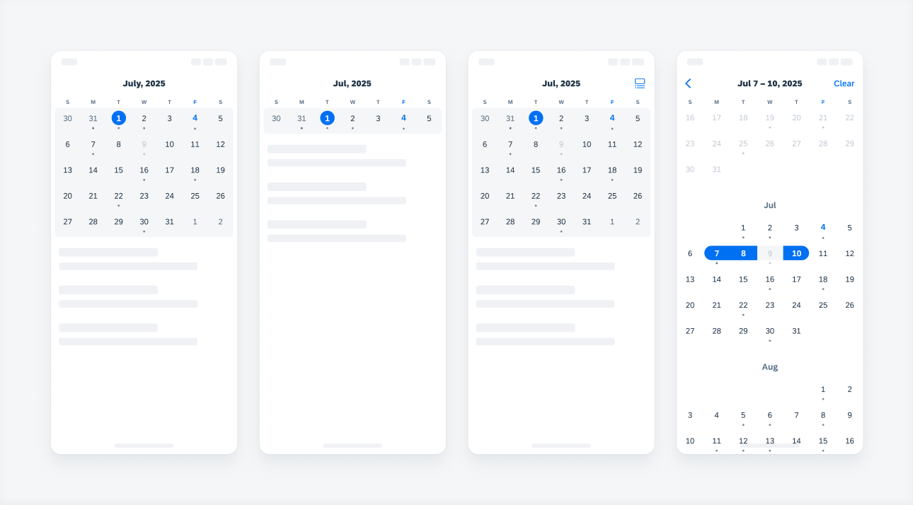 4 types of the calendar view containers: month view, week view, expandable view, and date selection view