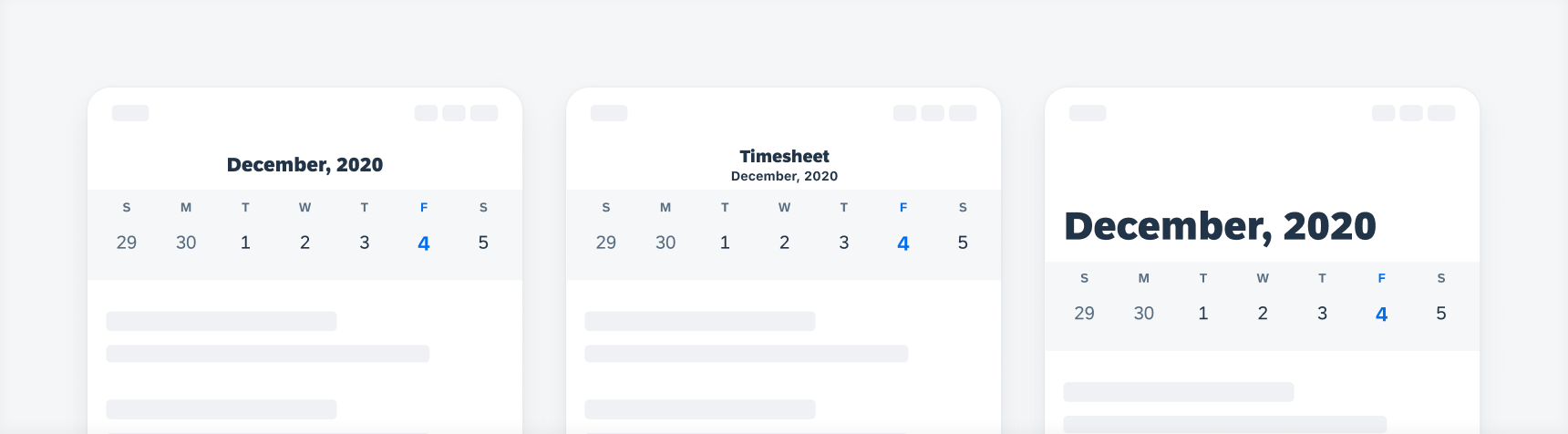 Calendar view with a single title (left), double title (middle), and large title (right)