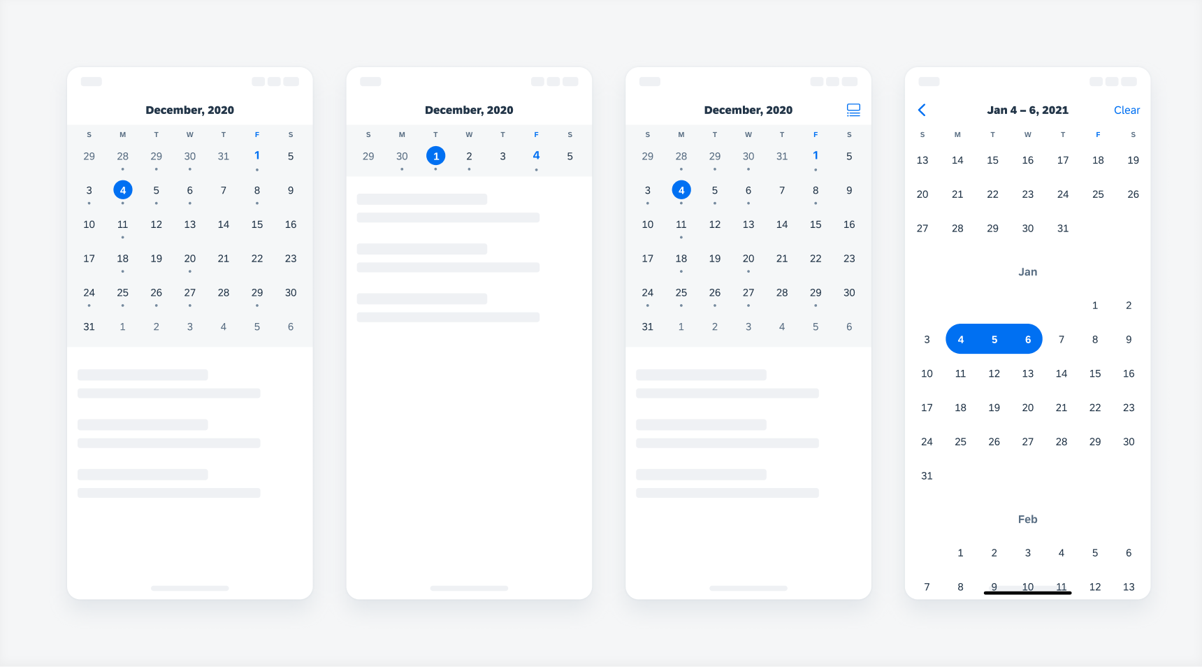 4 types of the calendar view containers: month view, week view, expandable view, and date selection view