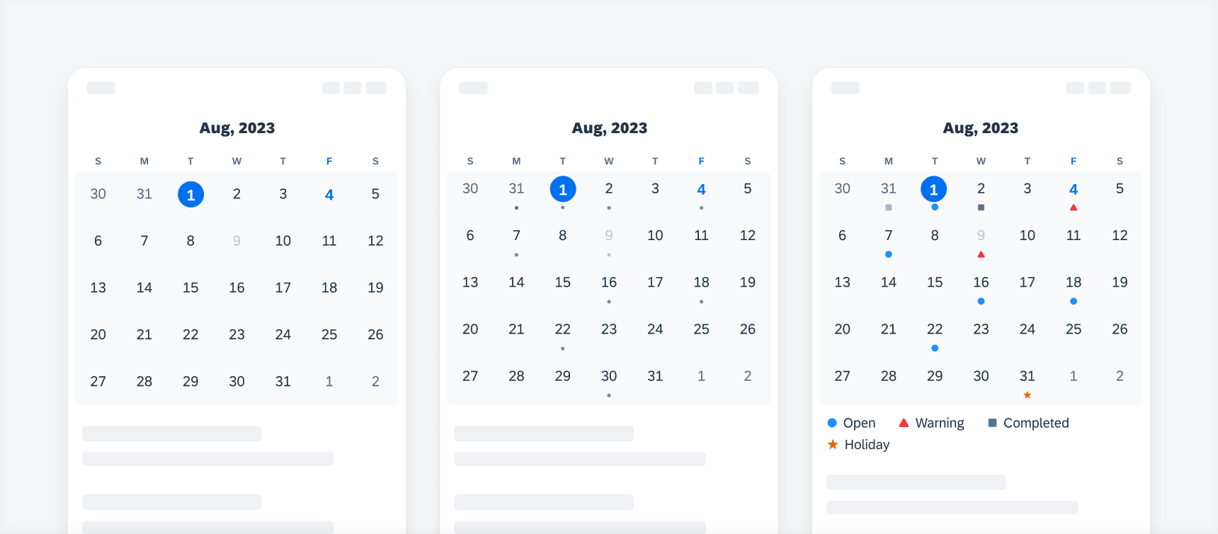 Calendar view that shows (from left to right): numbers only, numbers with a dot indicator, and numbers with an icon indicator