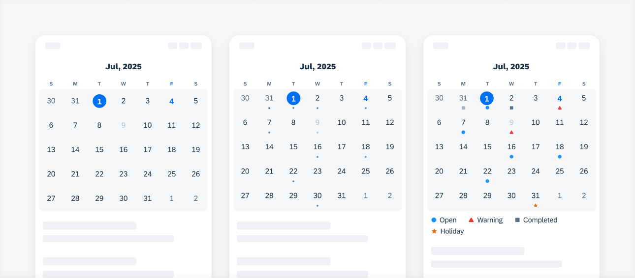 Calendar view that shows (from left to right): numbers only, numbers with a dot indicator, and numbers with an icon indicator