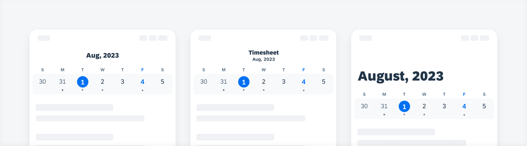 Calendar view with a single title (left), double title (middle), and large title (right)