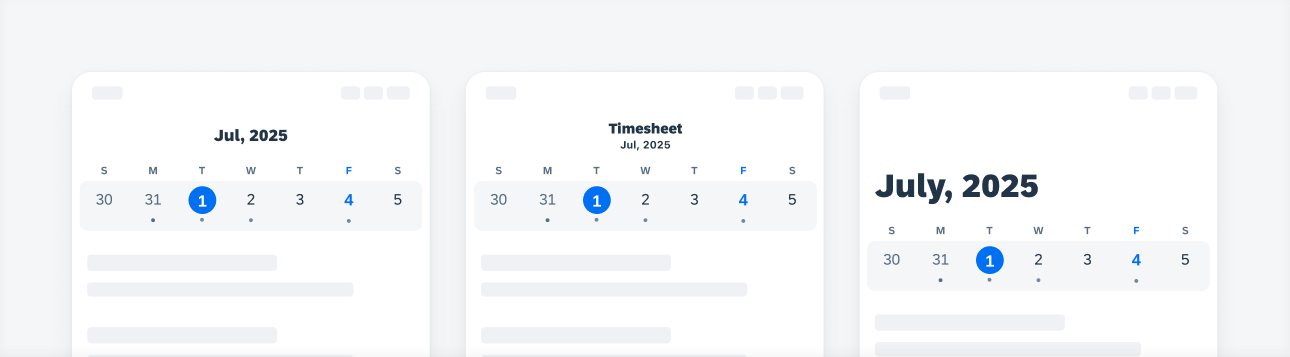 Calendar view with a single title (left), double title (middle), and large title (right)