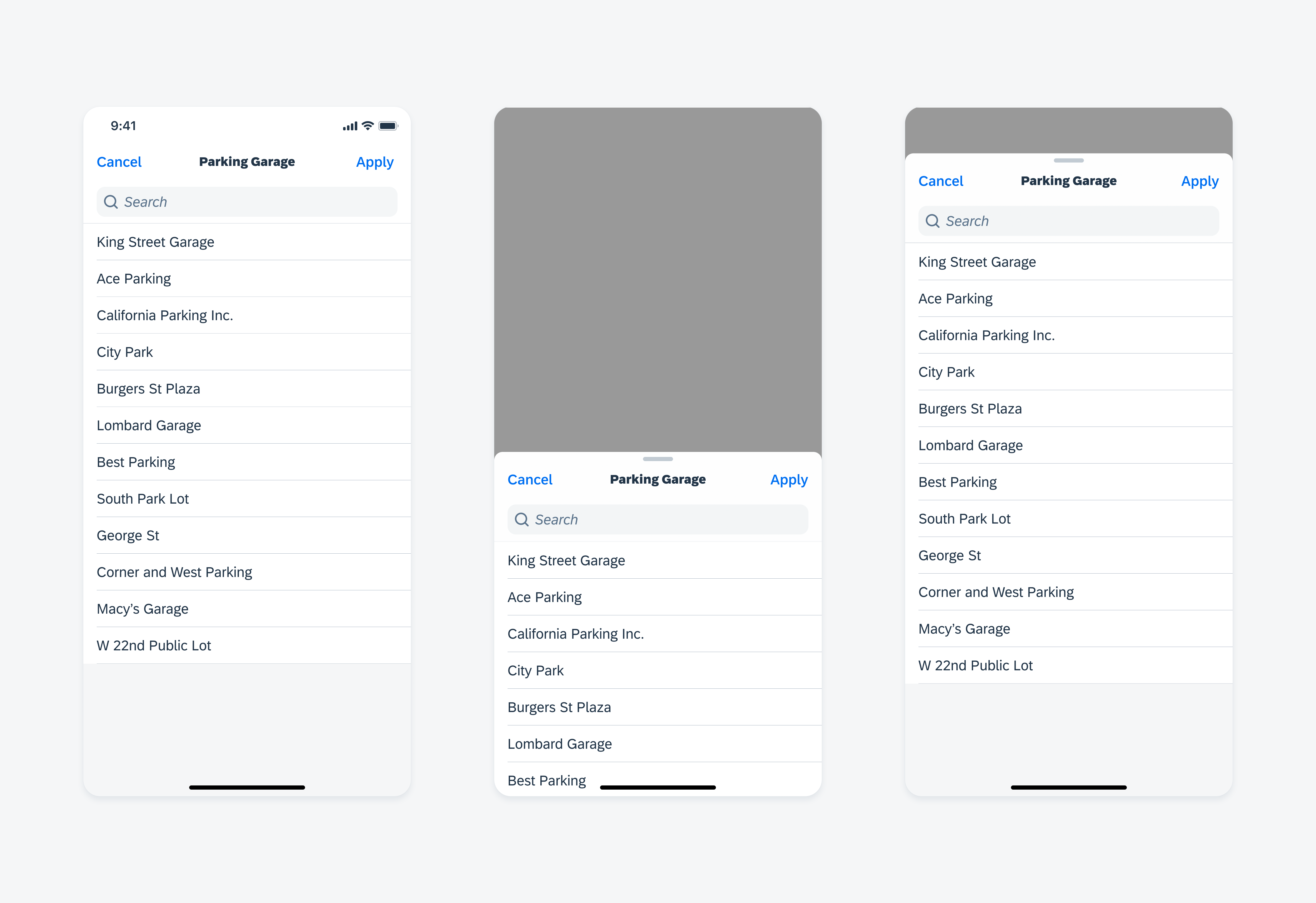 Full view (left), half modal (center), full modal (right)