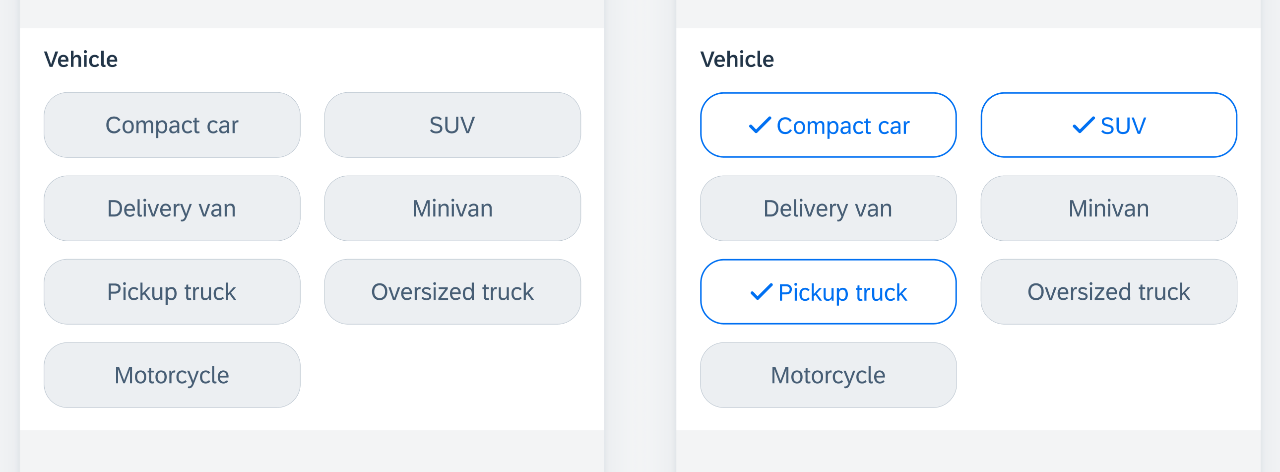 Unselected filter buttons (left) and selected (right)