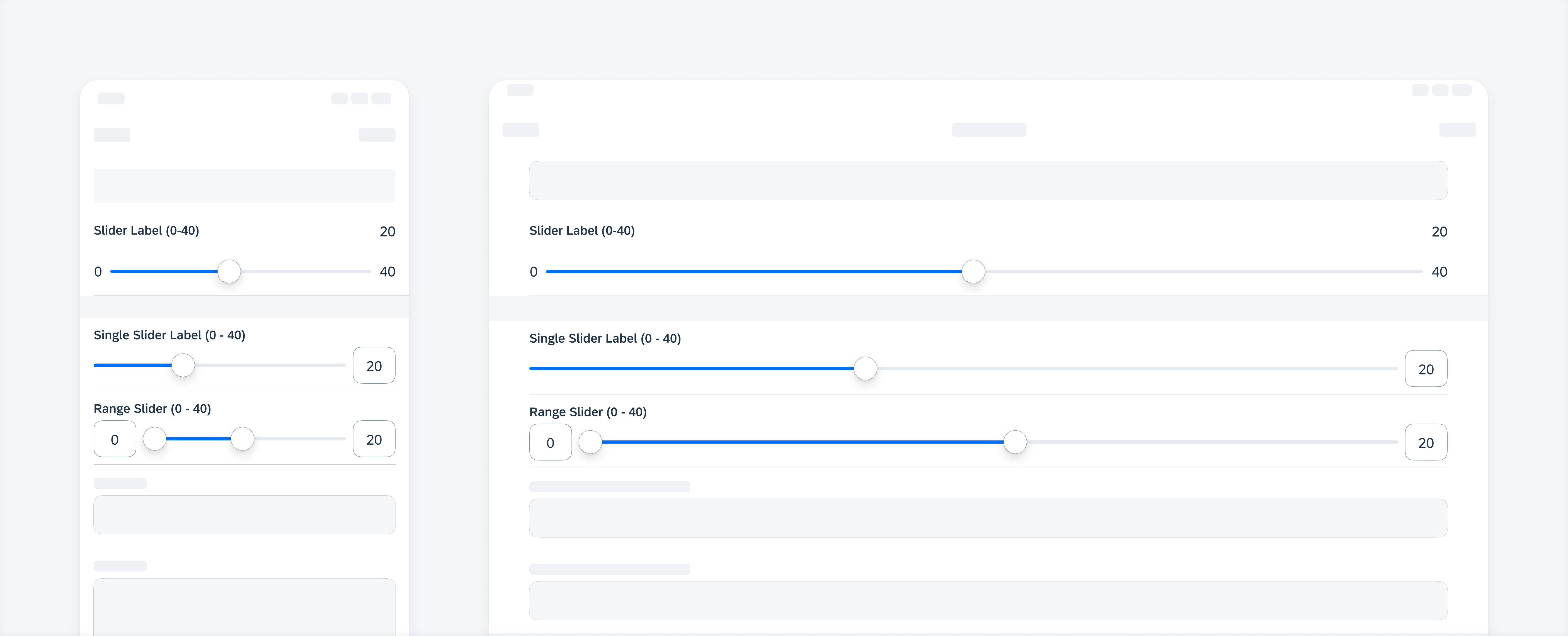 Compact width slider, single slider, range slider (top to bottom) on iPhone (left), regular full-width on iPad (right)