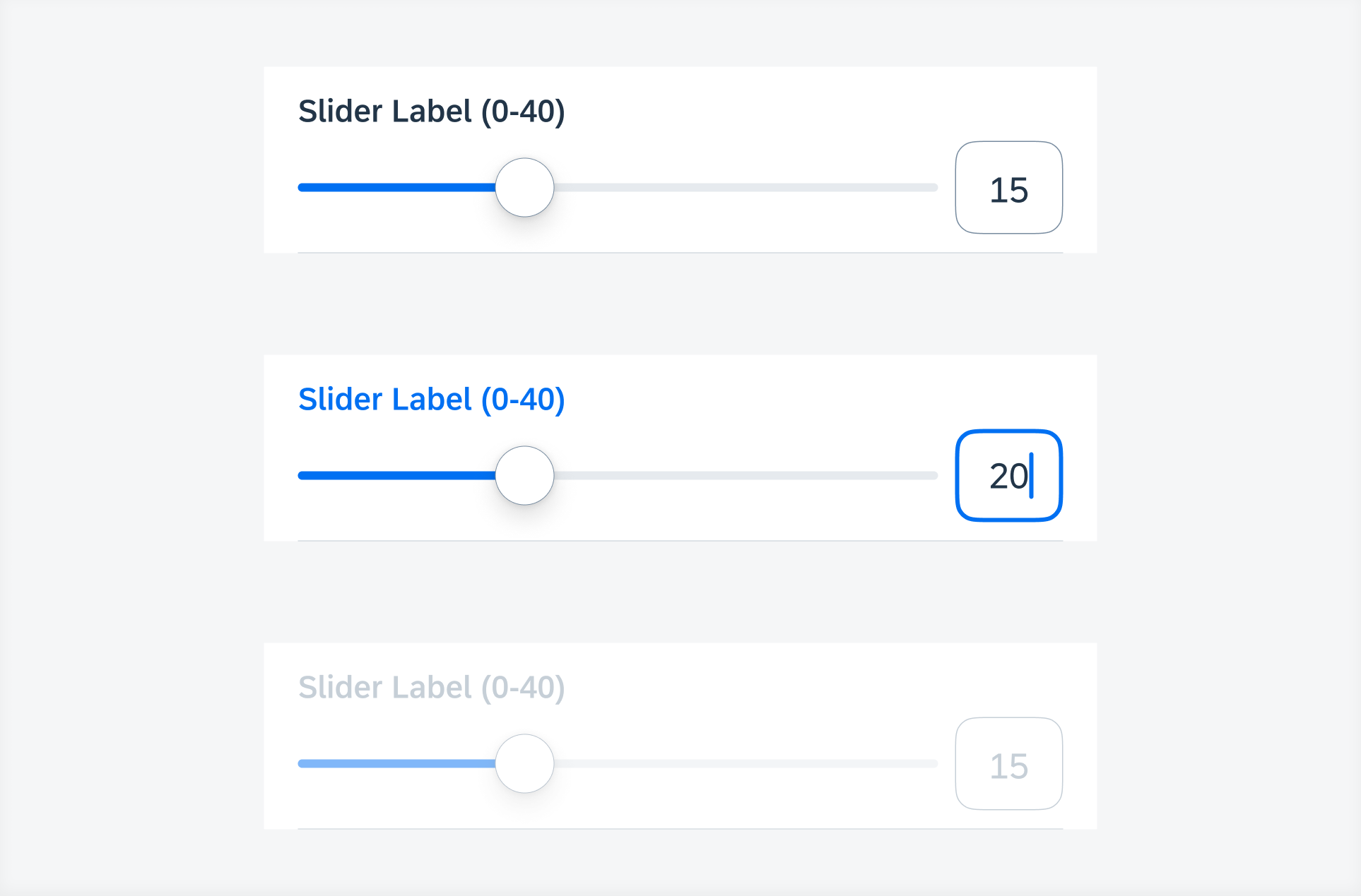 Single slider states (top to bottom) – default, typing, disabled