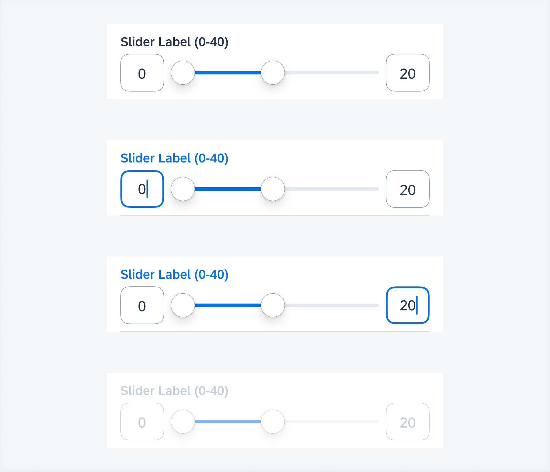 Range slider states (top to bottom) – default, typing (min.), typing (max.), disabled