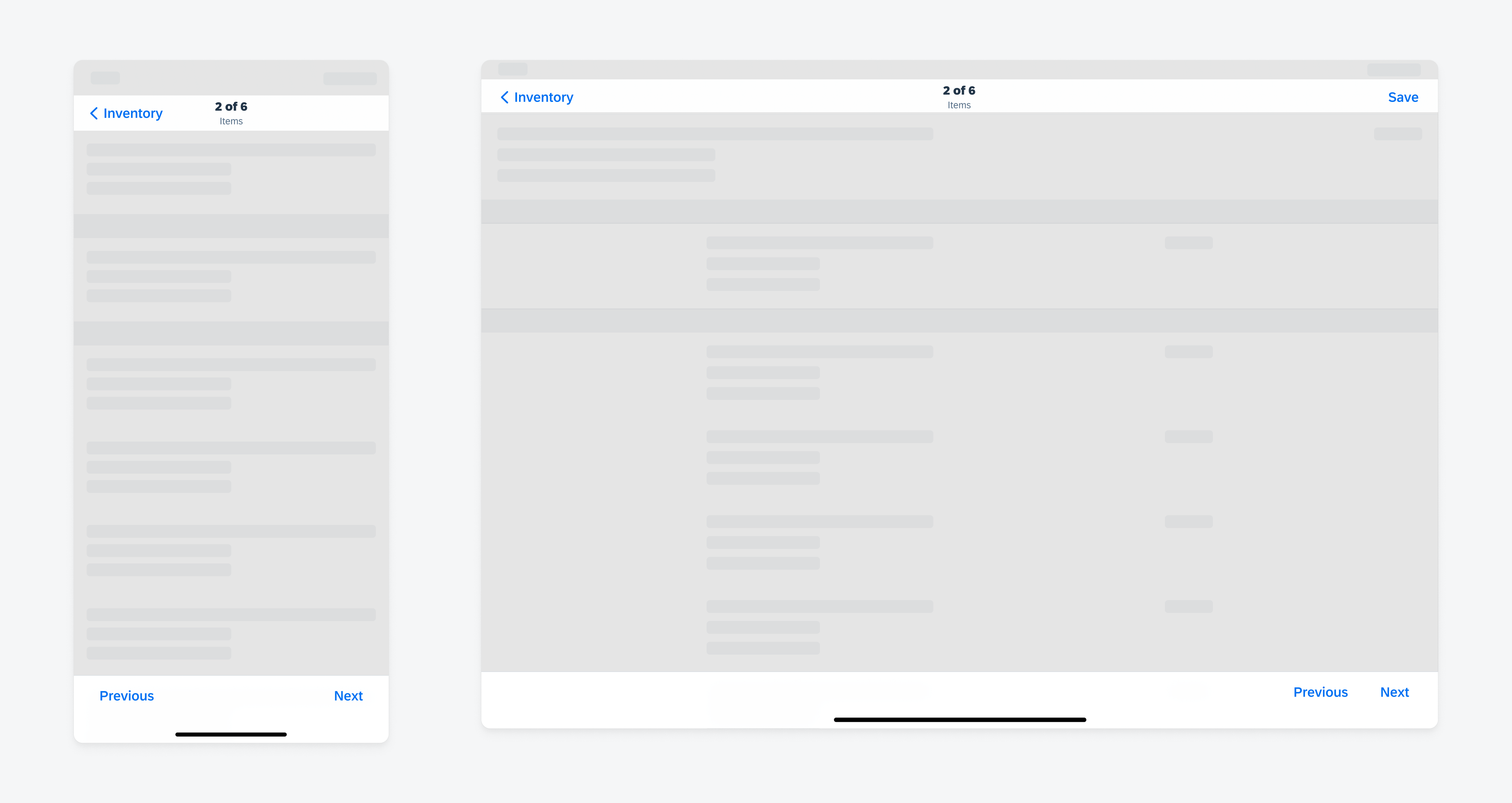 Sibling navigation in compact width (left) and regular width (right)