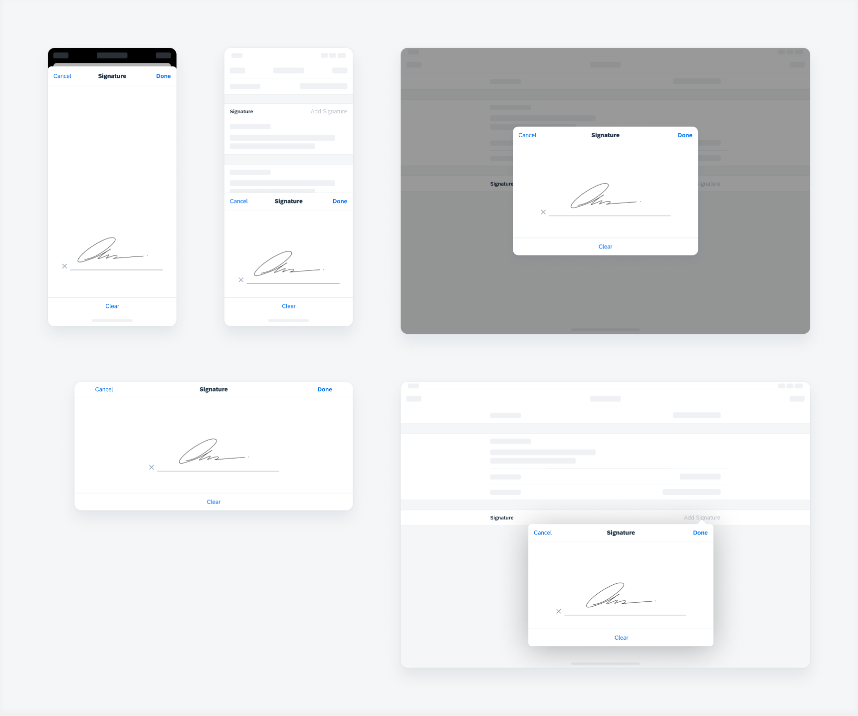 Signature capture in modal sheet, bottom sheet, form sheet, and pop-over