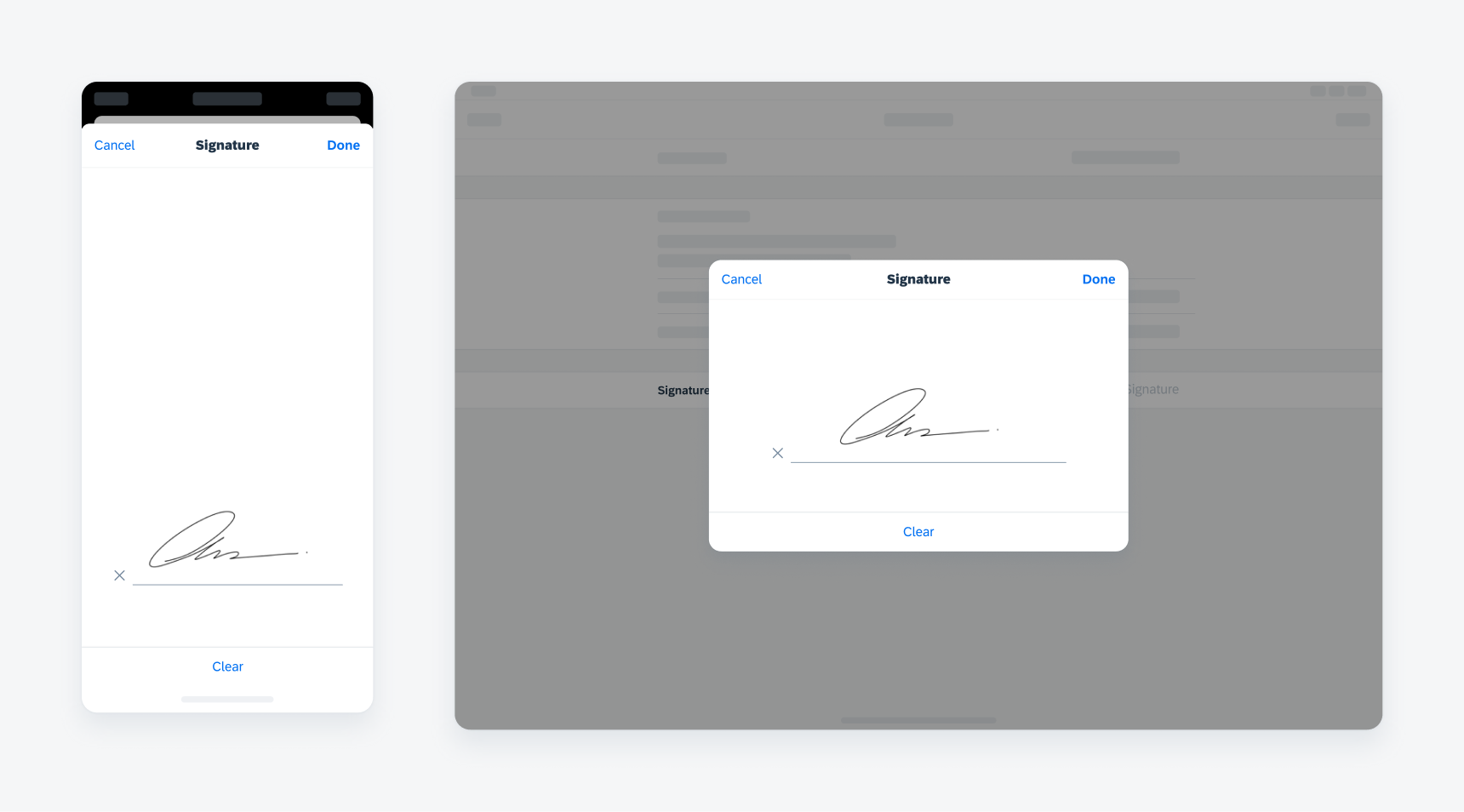 Example of signature capture components in compact width (left) and regular width (right)