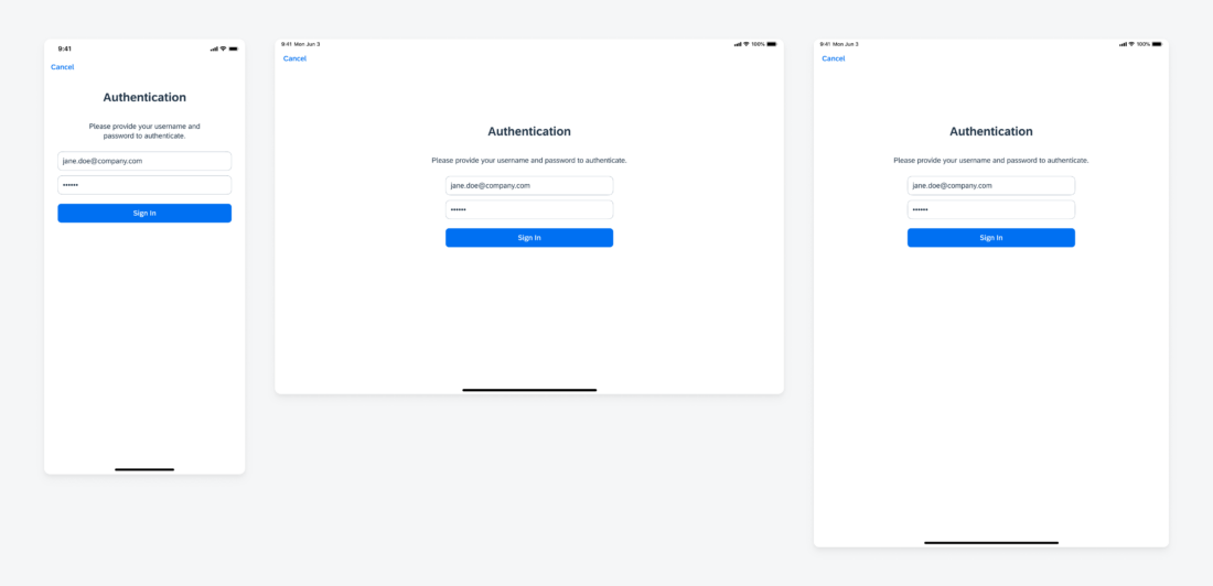 Authentication screen on compact and regular width devices