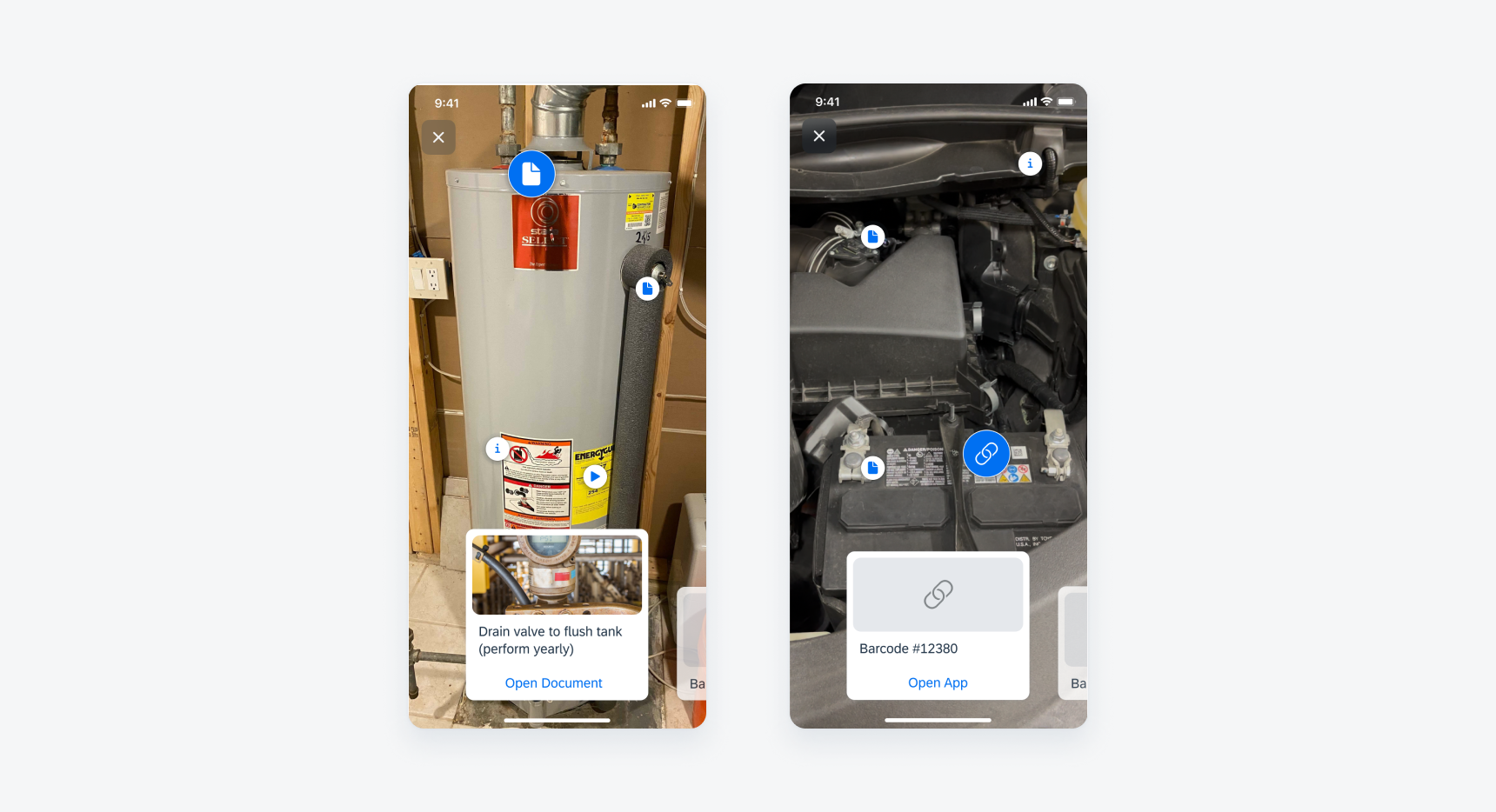 AR card with image preview (left) and AR card with icon (right)