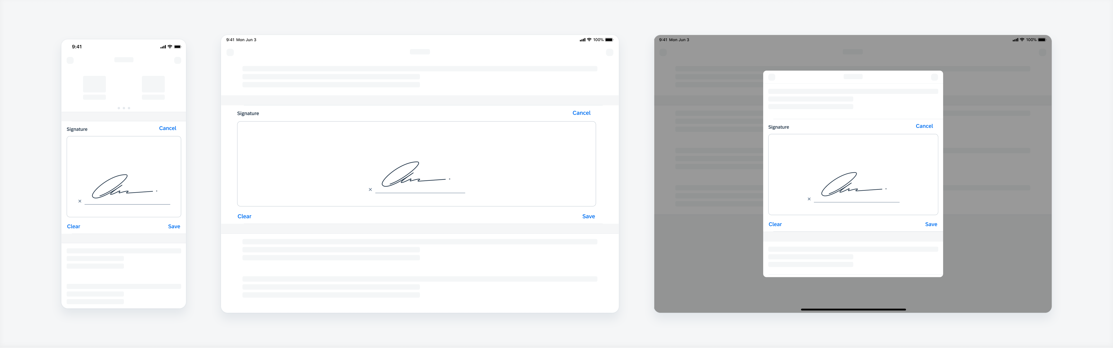 Example of in-line signature form cells in different container views