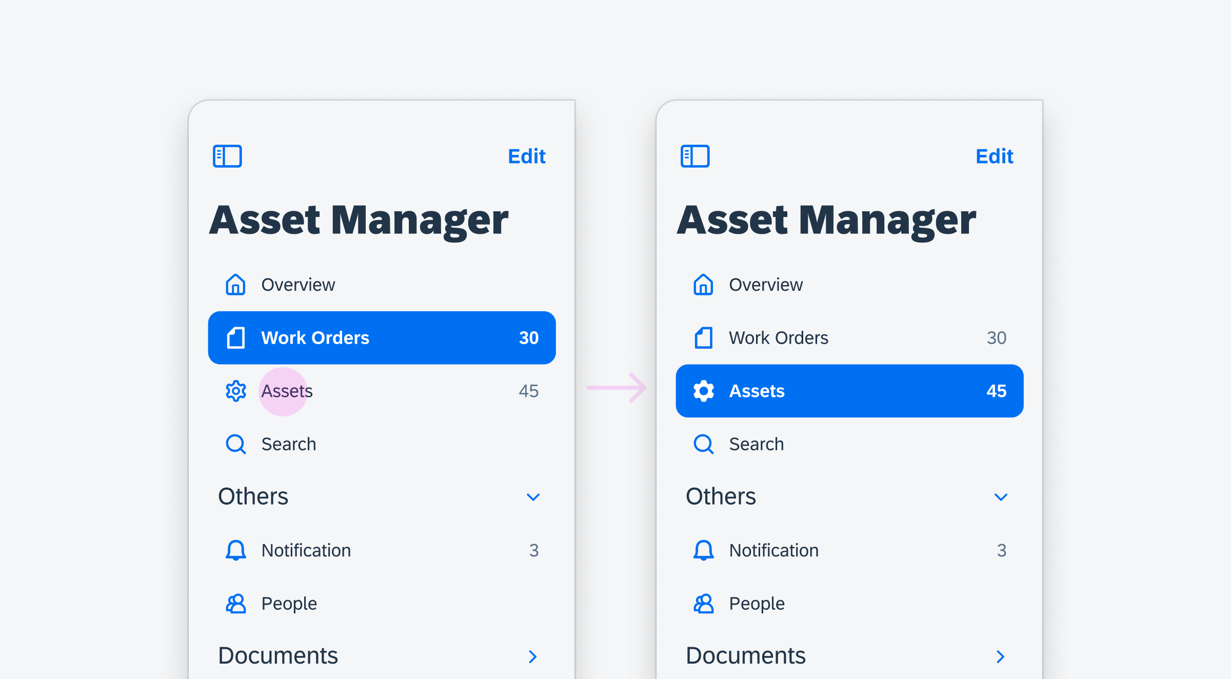 Active work orders cell (left) and active assets cell (right)