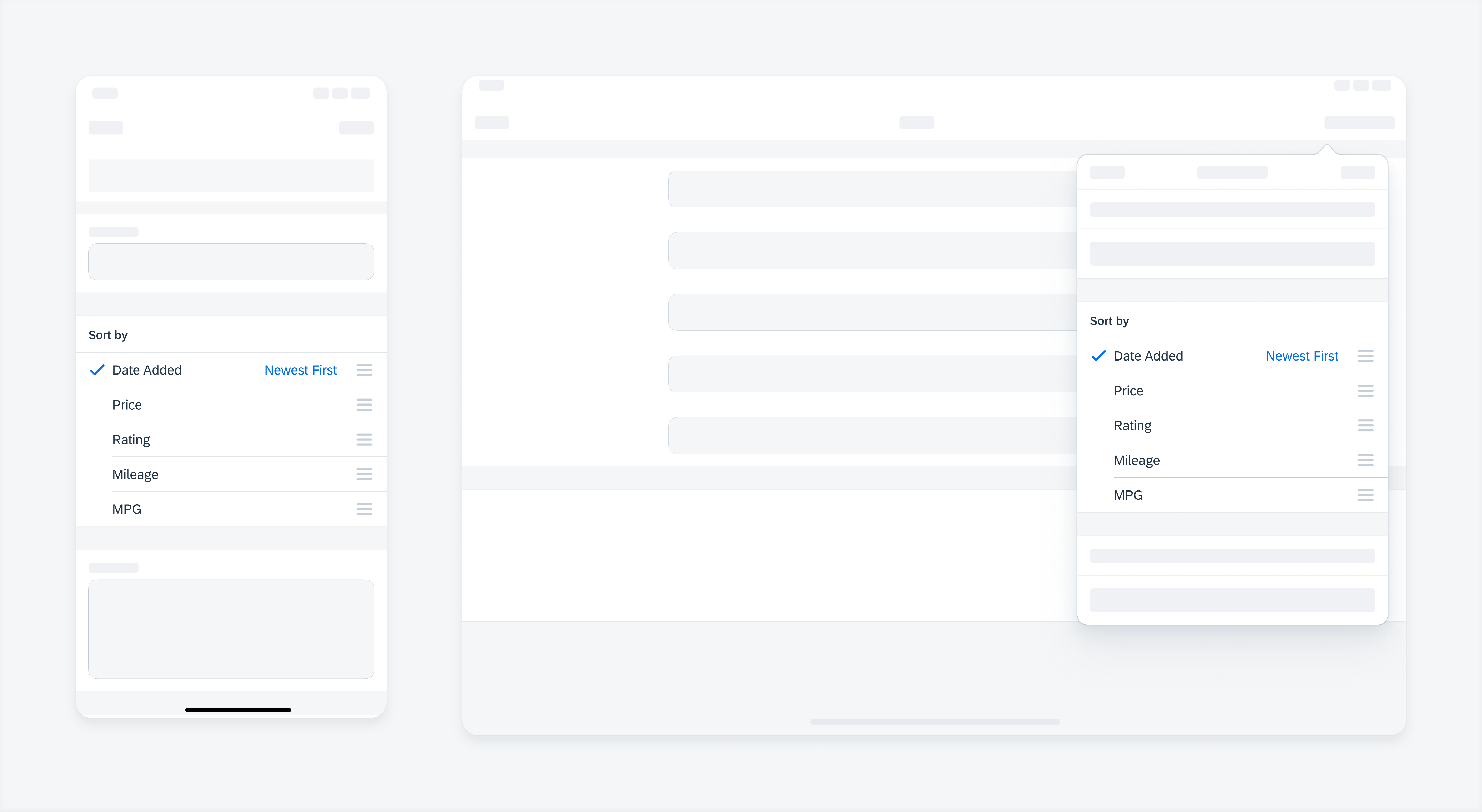 Example of order picker form cells on compact width (left) and regular width (right)