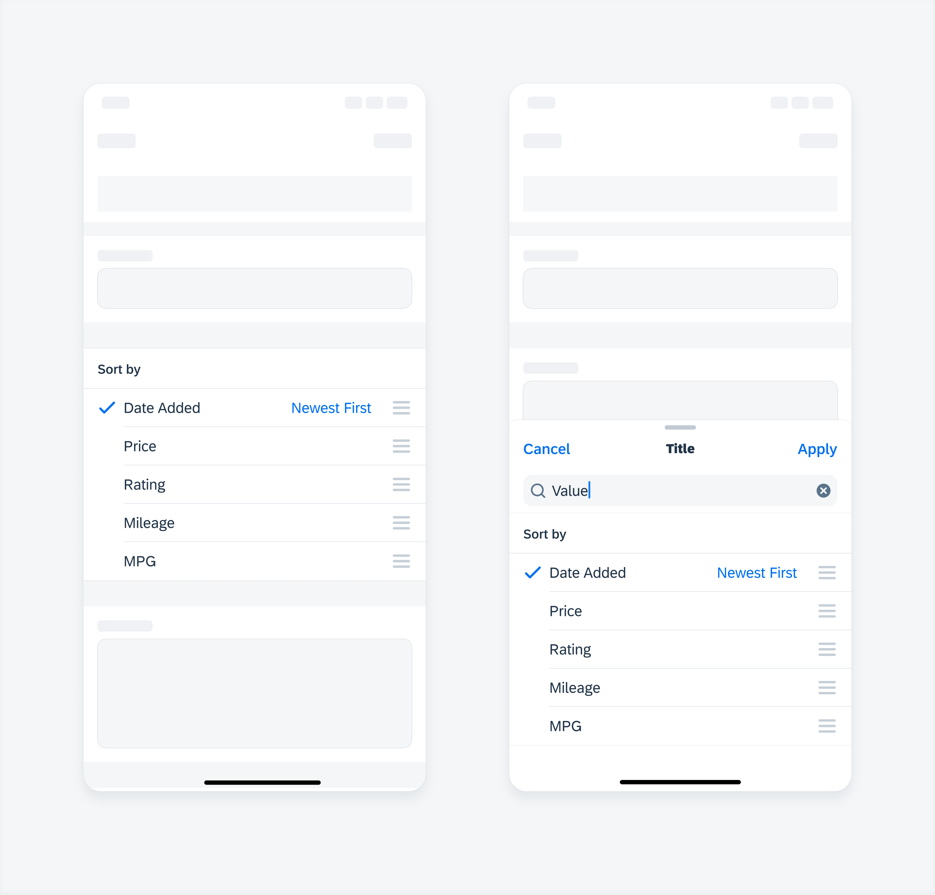 Example showing order picker being used in a form panel and a bottom sheet