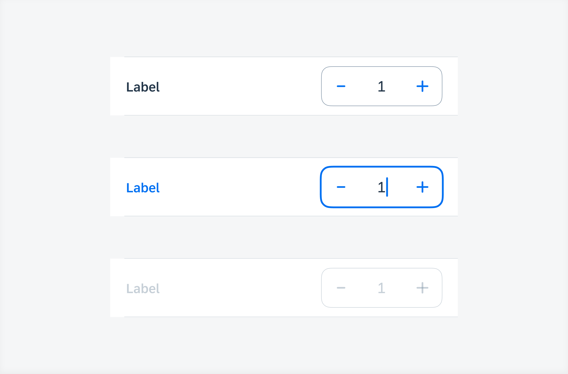 Stepper states (top to bottom) – default, typing, disabled