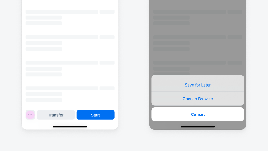 Tapping on the overflow button (left) opens an action sheet with additional actions (right)