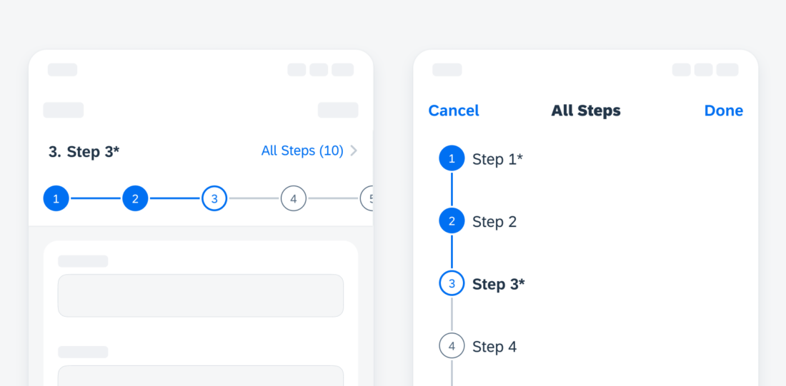 Examples of step progress indicator default view (left) and “all steps” view (right)