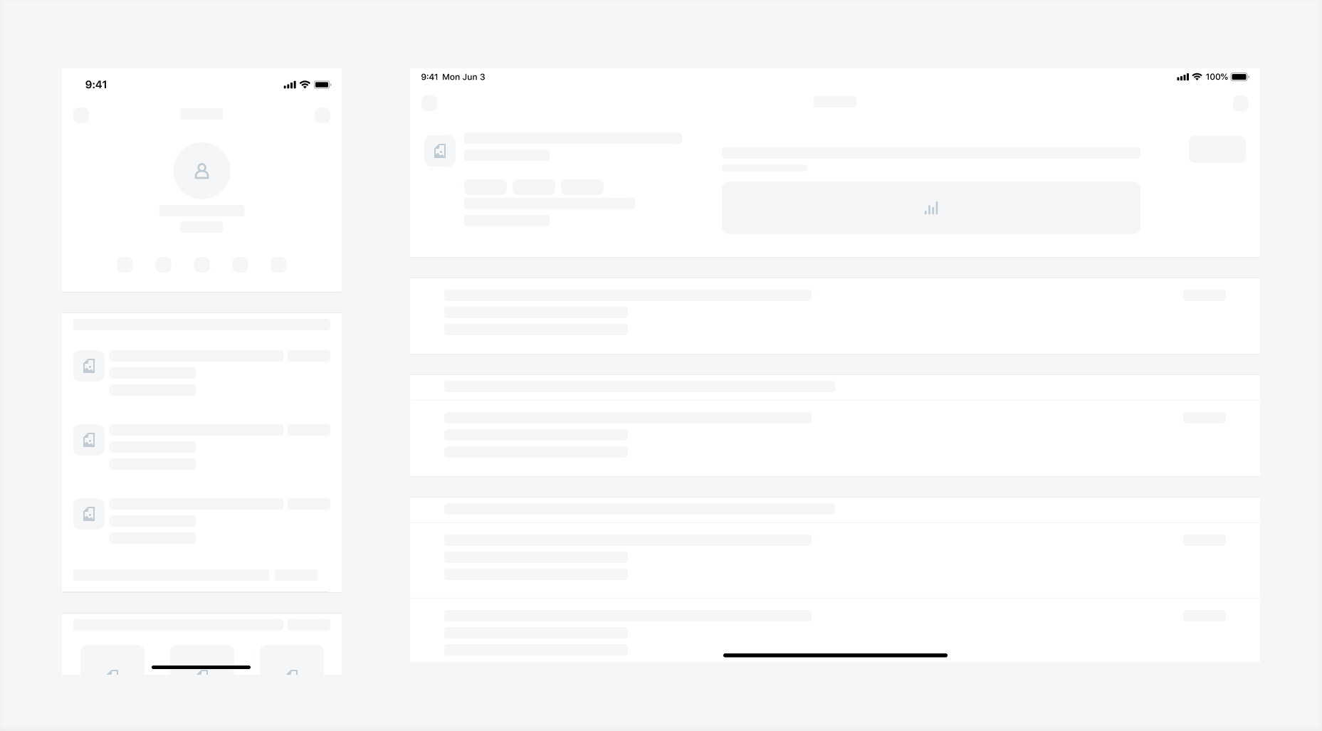 Skeleton loading compact page example (left) and regular page example (right)