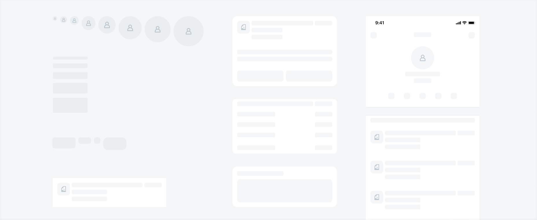 Skeleton loading of basic placeholders (left), cards (middle), and page (right)