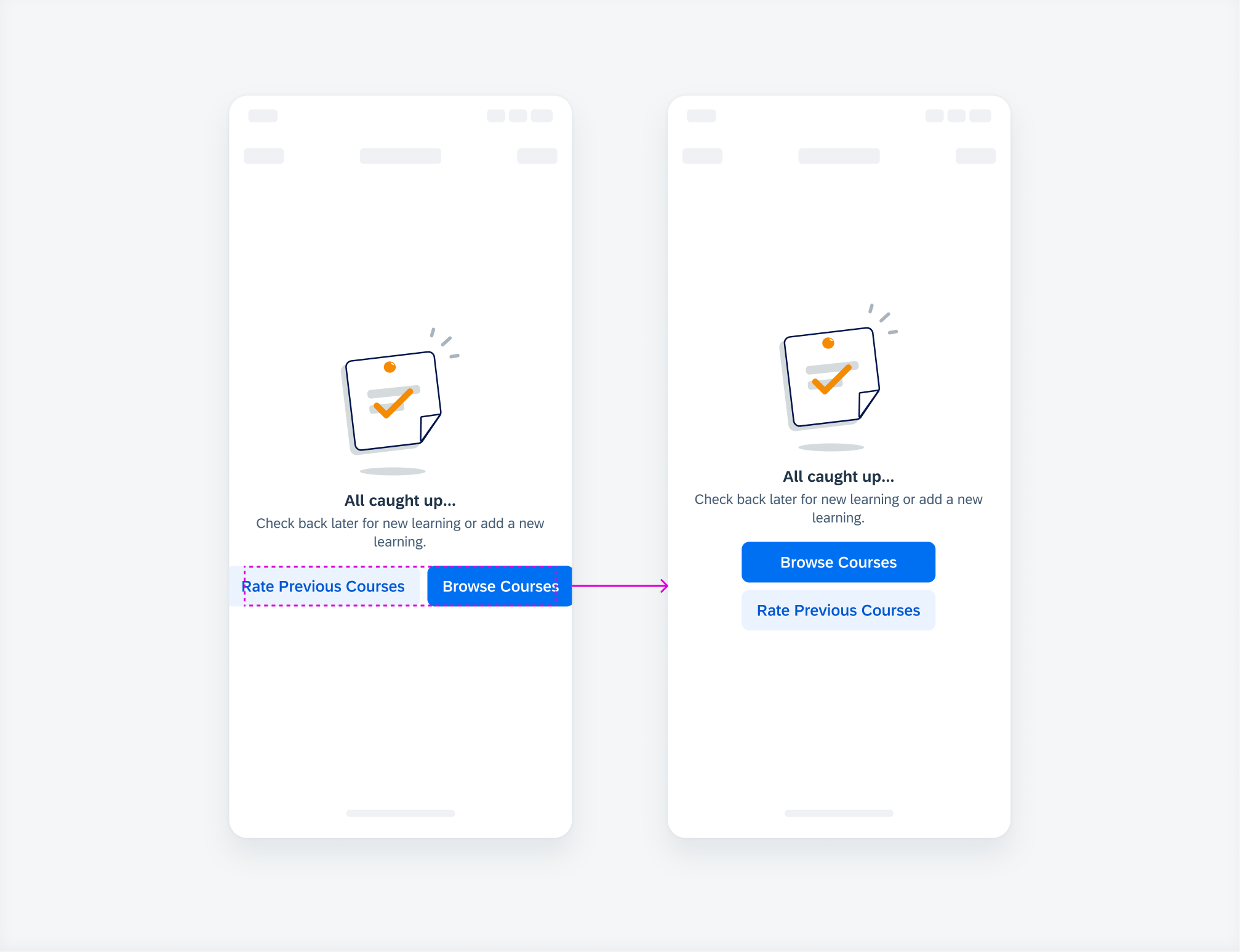 Illustrated message example that shows buttons in a horizontal call-to-action layout (left) exceeding the container width and adapting to a vertical call-to-action layout (right)