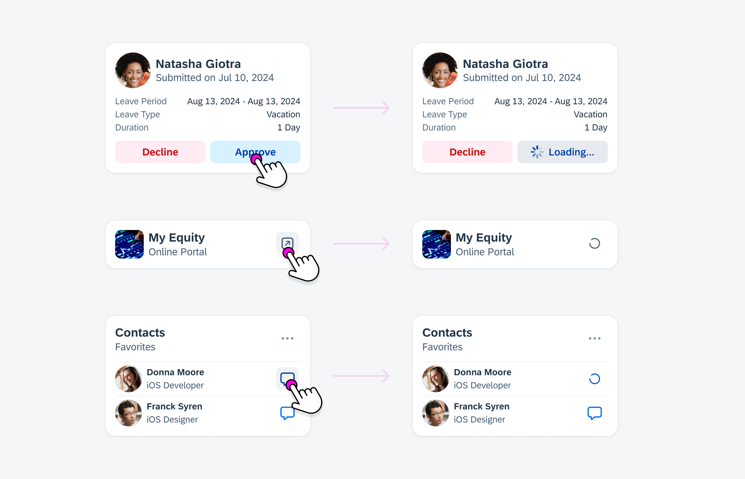 Different examples of in-place loading indicators within a card