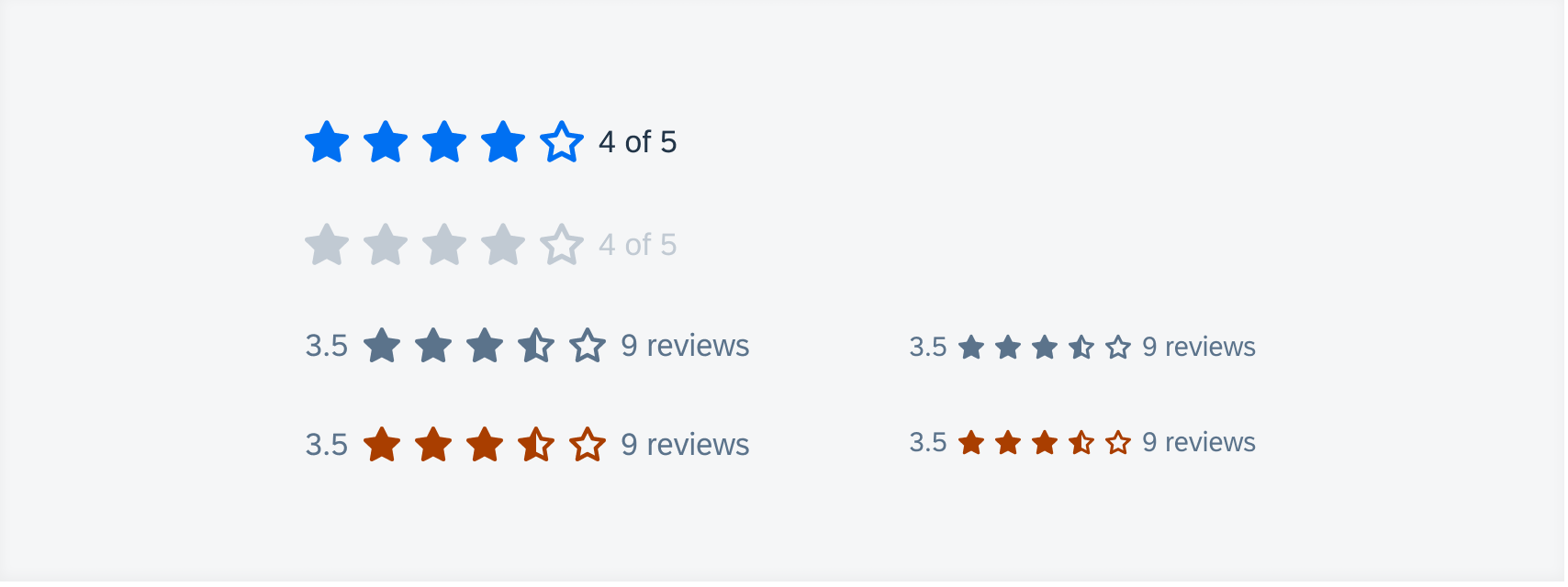 From top to bottom: editable, read-only, disabled, and accented read-only rating controls. From left to right: large sized and small sized rating controls