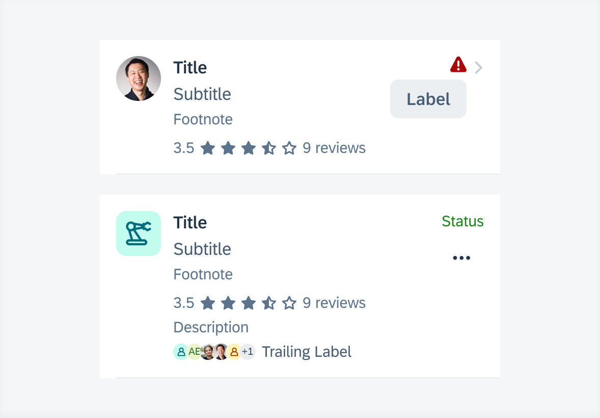 Object cell with label button and rating control (top) and with avatar stack and overflow button (bottom)