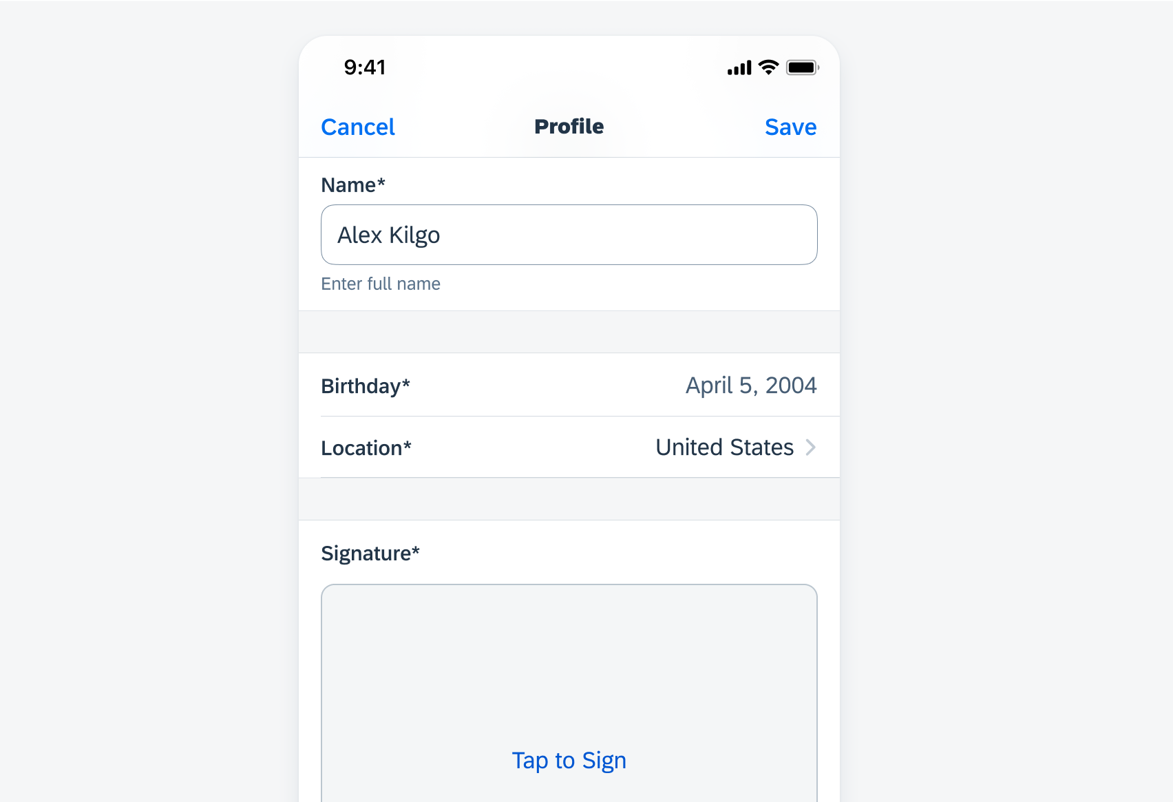 Examples of list picker, pickers, and in-line signature form cell with asterisks