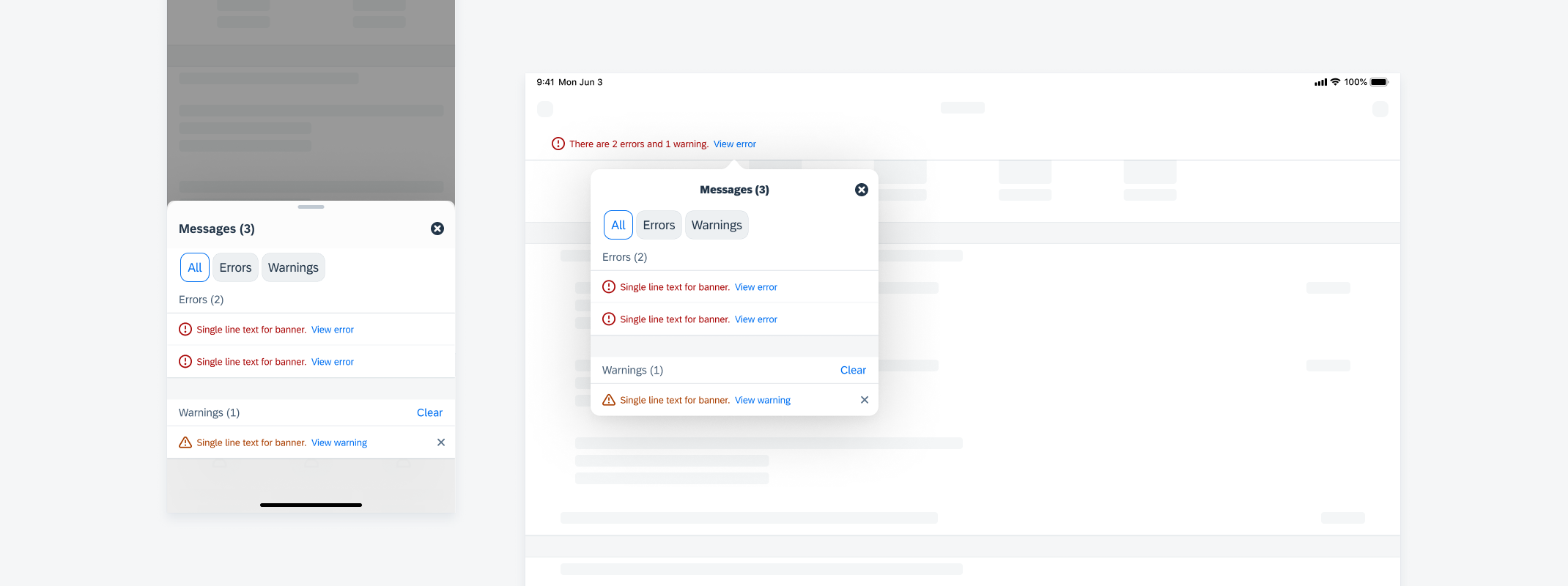 Multi-message handling detail view on compact screen (left) and regular screen (right) 