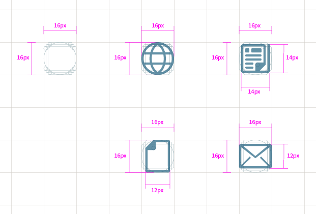 Details of 16px icons based on the icon grid system