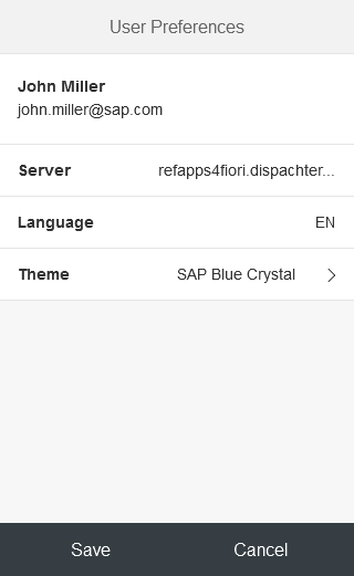 User Prefences dialog shown on a mobile device