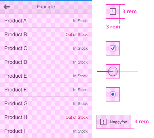 Example of 1 rem (16 px) grid and control examples with 3 rem touch area