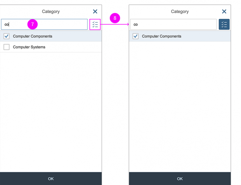 Left: Option list, filtered by user input. Right: Selected options from the list.