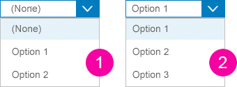 (1) Selection option list with (None); (2) first value selected