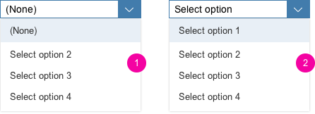 (1) Selection option list with (None); (2) first value selected