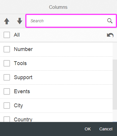 Table personalization dialog – Search field