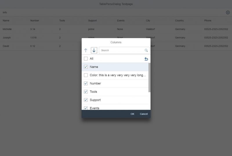 Table personalization dialog – Open dialog