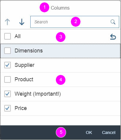 Table personalization dialog – Overview