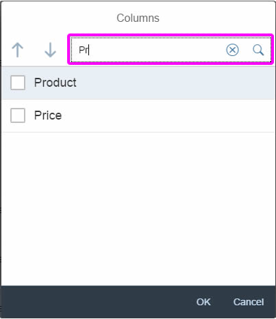 Table personalization dialog – Search column